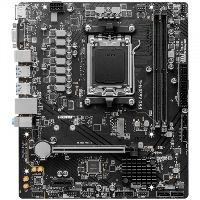 MSI PRO A620M-E, mATX, Socket AM5, Dual Channel DDR5 6800+MHz, 1x PCIe x16 slot, 1x M.2 slot, 1x HDMI, 1x VGA, 2x USB 3.2 Gen 1, 4x USB 2.0, 7.1 HD Audio, Realtek RTL8111H Gigabit LAN, 3Y [2]