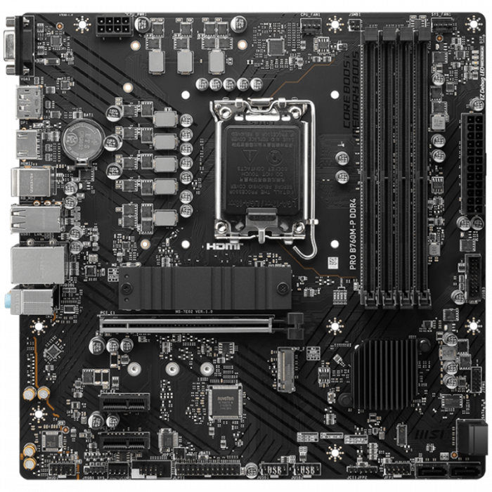 MSI PRO B760M-P DDR4, mATX, Socket 1700, Dual Channel DDR4 4800(OC)MHz, 1x PCIe x16 slots, 2x M.2 slots, 1x HDMI, 1x DP, 1x VGA, 1x USB 3.2 Gen 2 Type-C, 1x USB 3.2 Gen 1, 4x USB 2.0, 7.1 HD Audio, 1G [2]