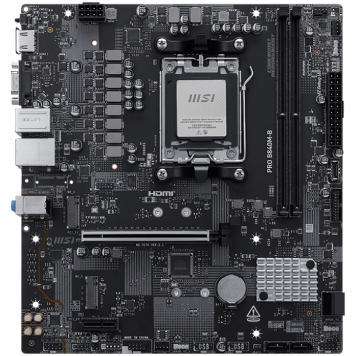 MSI PRO B840M-B, mATX, Socket AM5, 2x DDR5 Dual Channel DDR5 up to 8000(OC)MHz, 1x PCIe x16 slot, 2x M.2 slot, 2x USB 2.0, 4x USB 5Gbps, HDMI, VGA, 7.1 HD Audio, 2.5G LAN, 3Y [2]
