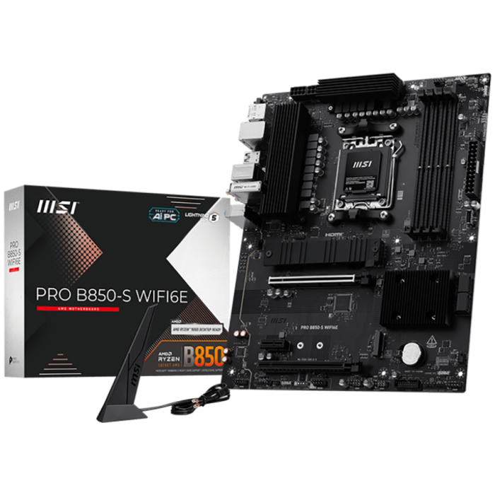MSI PRO B850-S WIFI6E, ATX, Socket AM5, 4x DDR5 Dual Channel up to 8200(OC)MHz, 2x PCIe x16 slot, 2x M.2 slot, 4x USB 5Gbps, 3x USB 10Gbps, 1x USB 10Gbps Type-C, HDMI, DP, 7.1 HD Audio, 2.5G LAN, WiFI [1]