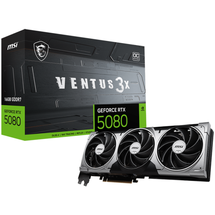 MSI Video Card Nvidia GeForce RTX 5080 16G VENTUS 3X OC, 16GB GDDR7, 256bit, Effective Memory Clock: 30000MHz, Boost: 2640 MHz, 10752 CUDA Cores, PCIe 5.0, 3x DP 2.1b, HDMI 2.1b, RAY TRACING, Triple F [1]