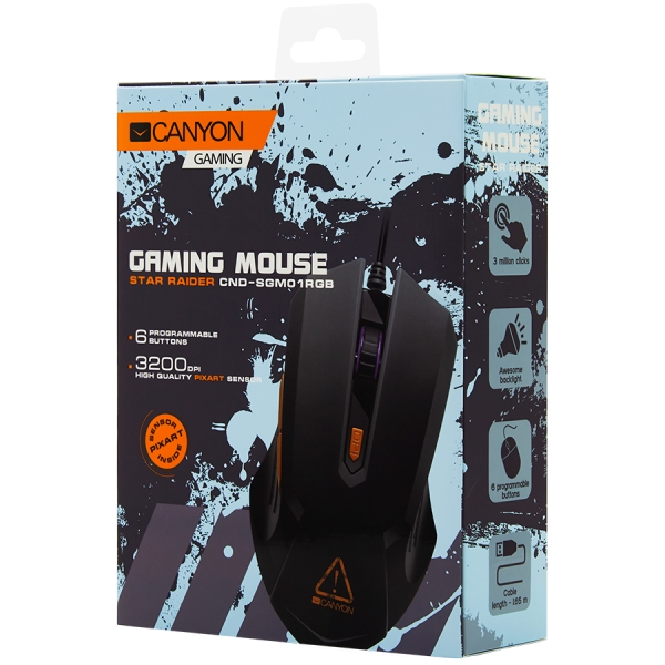 CANYON Star Raider GM-1, Optical Gaming Mouse with 6 programmable buttons, Pixart optical sensor, 4 levels of DPI and up to 3200, 3 million times key life, 1.65m PVC USB cable,rubber coating surface a [3]