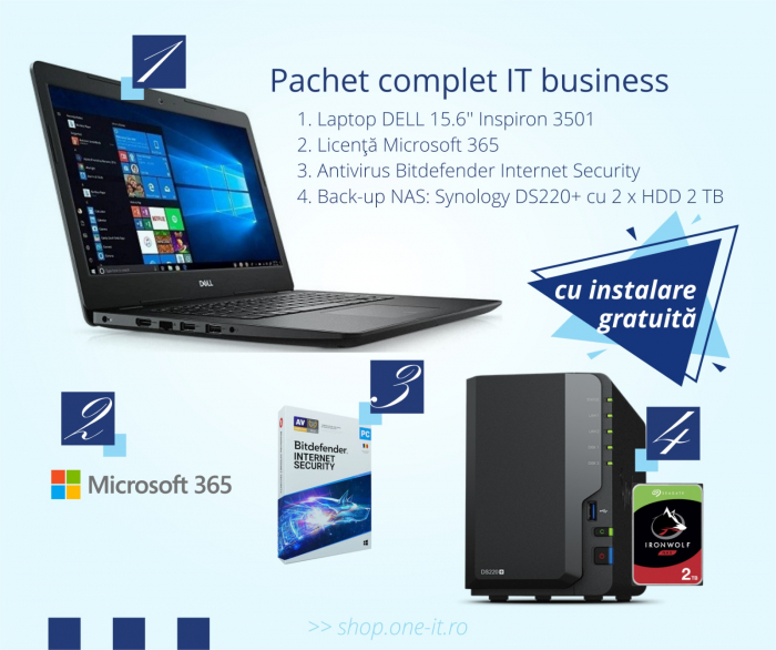 Pachet complet IT business - Laptop DELL Inspiron 3501+ Licenta Microsoft 365 + Licenta retail Bitdefender Internet Security + Statie de back-up Synology 220+ [1]