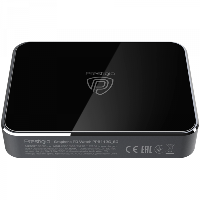 Prestigio Graphene PD Watch Edition, fast charging powerbank, 10000 mAh, 2*USB3.0 QC, 1*Type-C PD, wireless charger 10W, Apple Watch wireless charger 2,5W, LED indicator, leather case, cable type C-US [4]