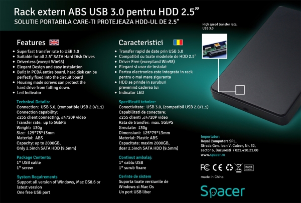 RACK EXTERN 2.5" HDD S-ATA to USB 3.0 SPACER, Plastic, "SPR-25612" [6]