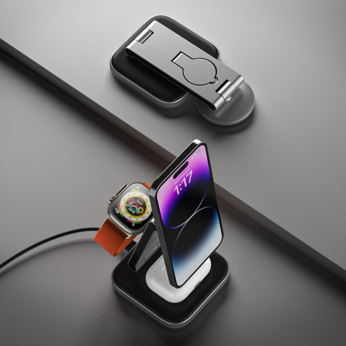 Satechi 3-in-1 Foldable Qi2 Wireless Charging Stand with Type A,C,G plugs - Space Gray [4]