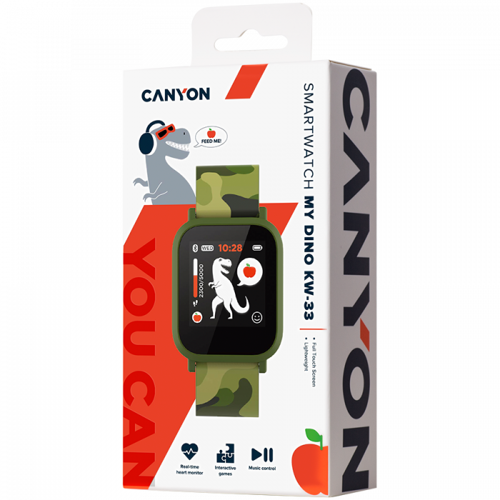 CANYON My Dino KW-33, Teenager smart watch, 1.3 inches IPS full touch screen, green plastic body, IP68 waterproof, BT5.0, multi-sport mode, built-in kids game, compatibility with iOS and android, 155m [5]