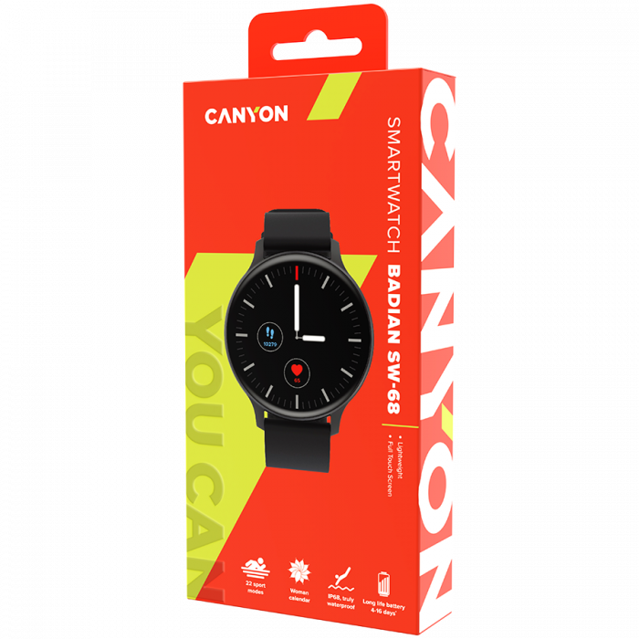 CANYON Badian SW-68, Smartwatch, Realtek 8762CK, 1.28''TFT 240x240px; RAM : 160KB, Lithium-ion polymer battery, 3.7V 190mAh Include, Black Zinc alloy middle frame + plastic bottom case+ black Silicone [4]