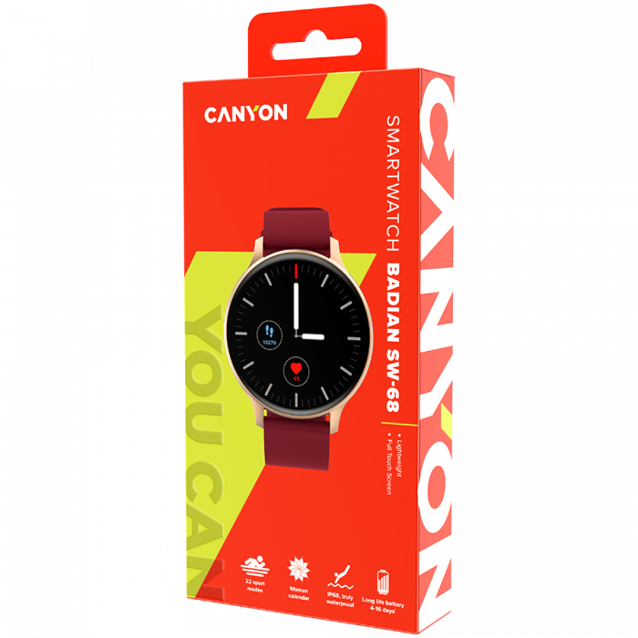 CANYON Badian SW-68, Smartwatch, Realtek 8762CK, 1.28''TFT 240x240px; RAM : 160KB, Lithium-ion polymer battery, 3.7V 190mAh Include, Golden Zinc alloy middle frame + plastic bottom case+ red Silicone  [4]