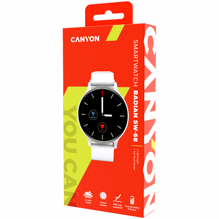 CANYON Badian SW-68, Smartwatch, Realtek 8762CK, 1.28''TFT 240x240px; RAM : 160KB, Lithium-ion polymer battery, 3.7V 190mAh Include, Silver Zinc alloy middle frame + plastic bottom case+ white Silicon [4]