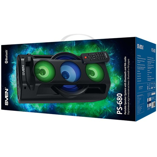 SVEN PS-680 2x32.5W; LED display; TWS; FM radio; AUX; USB/SD-card support;Lighting; Microphone input (karaoke); Remote Control; Built-in equalizer [2]