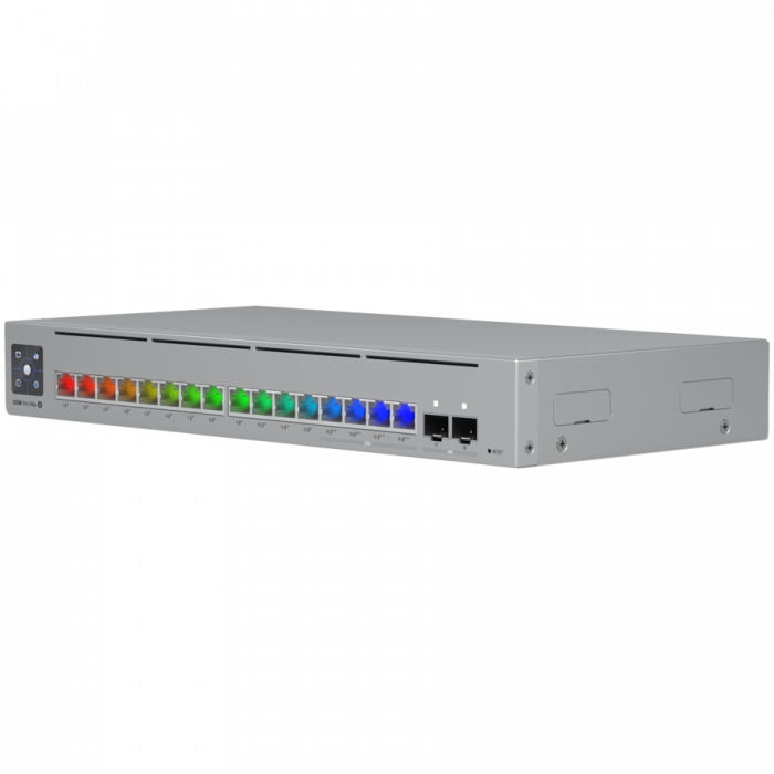 Ubiquiti 16-port, Layer 3 Etherlighting switch with 2.5 GbE, PoE++ output, and versatile mounting options, 4x 2.5 GbE PoE++ ports, 12x GbE PoE+ ports, 2x 10G SFP+ ports, 180W total PoE availability [2]