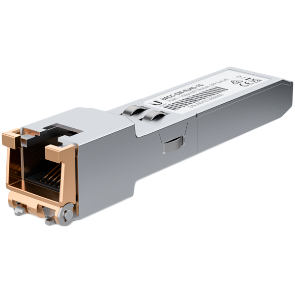 Ubiquiti UACC-CM-RJ45-1G SFP to RJ45 transceiver module that delivers 1 Gbps speed via a converted Ethernet connection. [1]