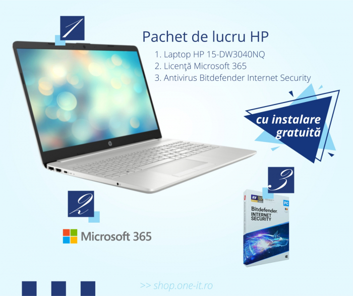 Pachet de lucru HP: Laptop HP 15-dw3040nq + Licenta Microsoft 365 + Licenta retail Bitdefender Internet Security [1]