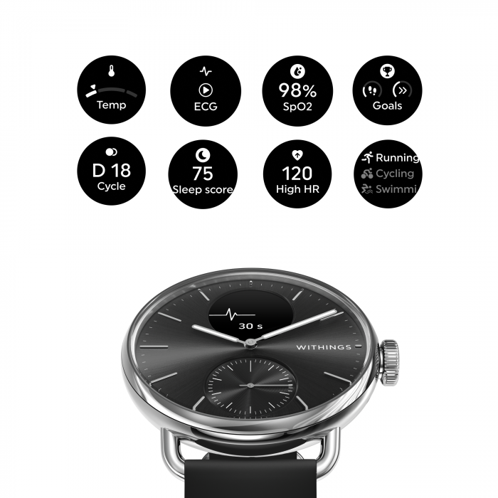 Withings Scanwatch 2 / 38mm (Activity, Sleep Tracker, ECG, Temperature, SPO2 / Stainless steel, fkm wristband, sapphire glass) - Black [6]