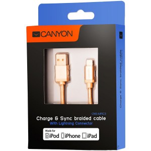 Charge & Sync MFI braided cable with metalic shell, USB to lightning, certified by Apple, 1m, 0.28mm, Golden [1]