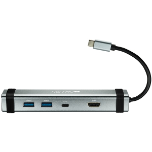 USB Hub - CANYON DS-3 Multiport Docking Station with 4 ports:1*Type C male+1*Type C female+2*USB3.0+1*HDMI, Input 100-240V, Output USB-C PD 5-20V/3A&USB-A 5V/1A, cabel 0.12m, Space grey, 150.8*33.7*24mm, 0.112k