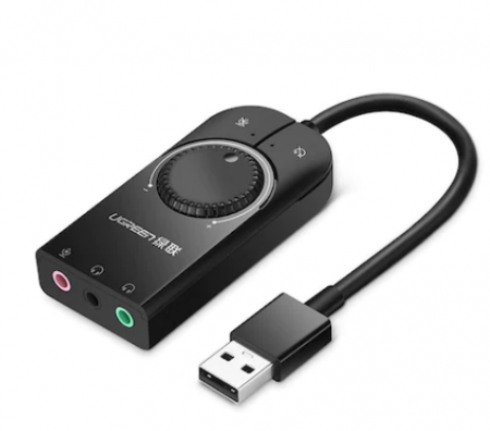 Adaptoare - ADAPTOR audio Ugreen, \\"CM129\\" convertor stereo USB(T) la 2 x Jack 3.5\\" sound si 1 x 3.5\\" mic, control volum si buton mute sound si mic, lungime cablu 15 cm, negru \\"40964\\" (include TV 0.06 