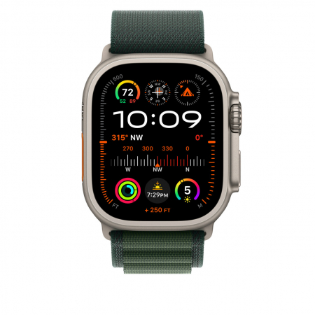 Apple Watch 49mm Loop:  Dark Green Alpine Loop - Small - Natural Titanium Finish [1]