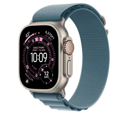 Apple Watch 49mm Loop:  Light Blue Alpine Loop - Large - Natural Titanium Finish [1]