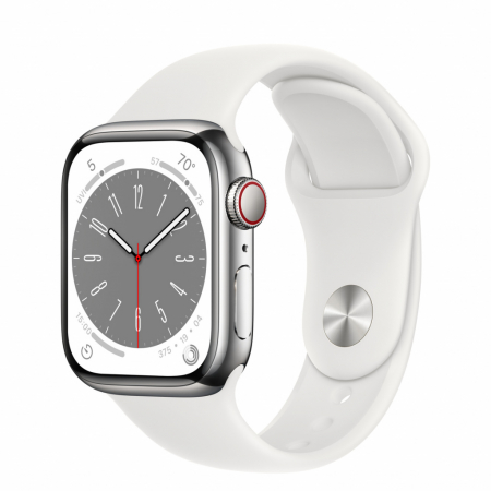 Apple Watch S8 Cellular 41mm Silver Stainless Steel Case with White Sport Band - Regular [0]