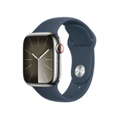 Apple Watch S9 Cellular 41mm Silver Stainless Steel Case w Storm Blue Sport Band - S/M [0]
