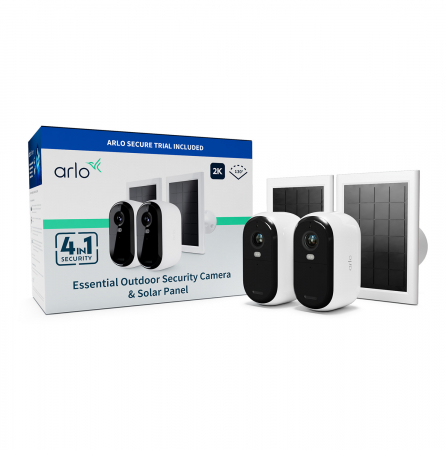 Arlo Essential (Gen.2) Bundle 2K Outdoor Security Camera - 2 Camera Kit + 2 Essential Solar Panel Charger - White [2]