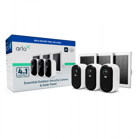 Arlo Essential (Gen.2) Bundle 2K Outdoor Security Camera - 3 Camera Kit + 3 Essential Solar Panel Charger - White [3]