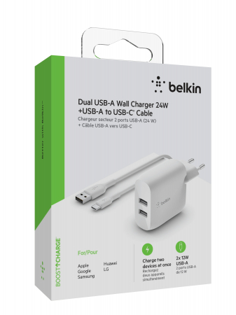 Belkin BOOST CHARGE 24w USB-A Dual  Wall Charger w/ 1m  A-C - White [1]