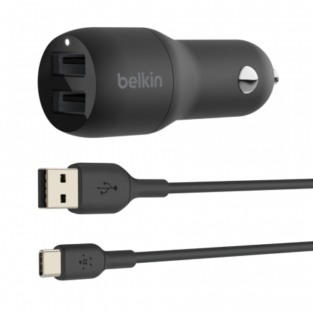 Laptop, Tablete & Telefoane - Belkin BOOST CHARGE Car Charger Dual USB-A 24W + USB-A to USB-C¬ Cable - Black