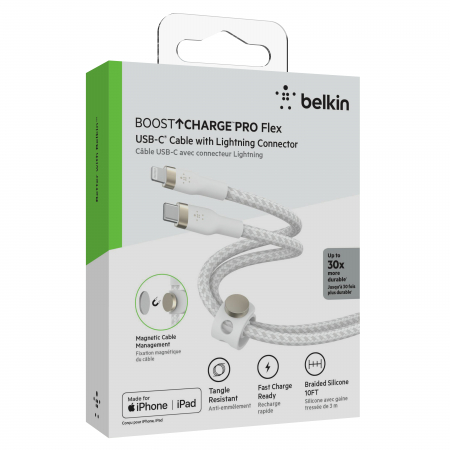 Belkin BOOST CHARGE PRO Flex USB-C to LTG, Braided Silicone Cable - 3M - White [1]