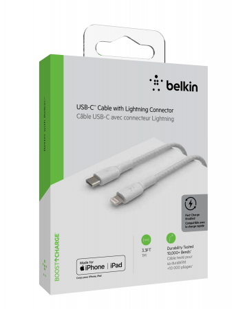 Belkin BOOST CHARGE USB-C to Lightning Cable, Braided - 1M - White [1]