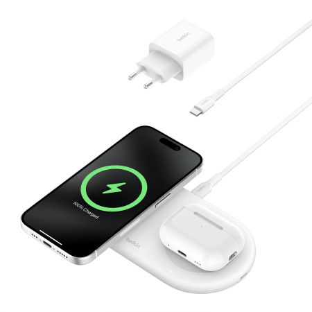 Laptop, Tablete & Telefoane - Belkin BOOSTCHARGE PRO 2in1 Qi2 15w Magnetic Charging Pad - White