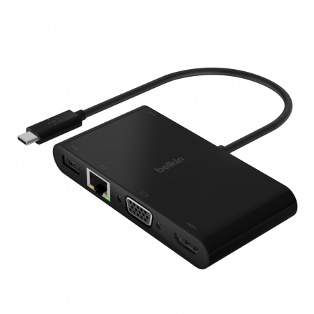 USB Hub - Belkin USB-C Multimedia + Charge Adapter (GBE - HDMI - VGA - USB-A) - Black (100W PD) - Black