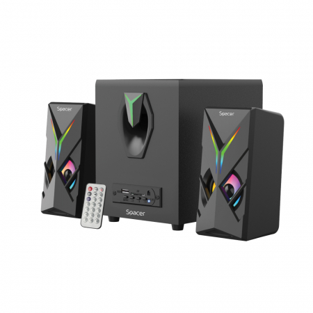 Boxe - BOXE SPACER Gaming 2.1, RMS: 14W (2 x 3W + 8W), bluetooth telecomanda wireless, control volum, bass, subwoofer lemn MDF, 220V alimentare, 17 x LED, USB/SD/AUX, black, "SPGS-HURRICANE-BT"   (include TV