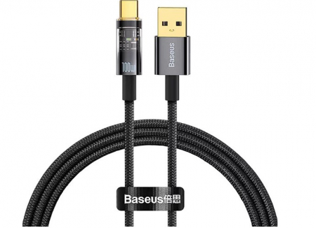 Telefoane & accesorii - CABLU alimentare si date Baseus Explorer, Fast Charging Data Cable pt. smartphone, USB la USB Type-C 100W, 2m, Auto Power-Off, negru transparent "CATS000301" (include timbru verde 0.25 lei) - 69321726