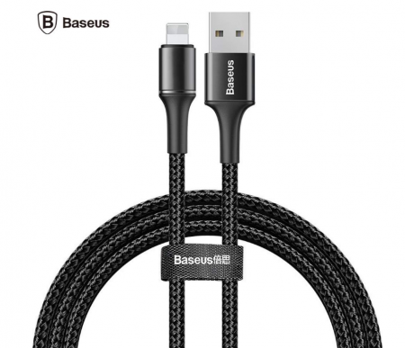 Telefoane & accesorii - CABLU alimentare si date Baseus Halo, Fast Charging Data Cable pt. smartphone, USB la Lightning iPhone 2.4A, brodat, LED, 1m, negru "CALGH-B01" (include timbru verde 0.25 lei) - 6953156292581