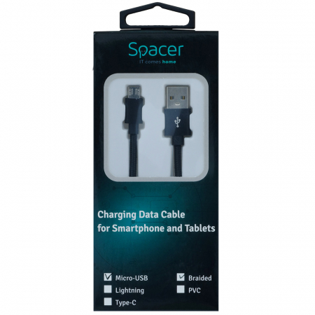 CABLU alimentare si date SPACER, pt. smartphone, USB 2.0 (T) la Micro-USB 2.0 (T), Braided,,Retail pack, 1m, black,&nbsp; \\"SPDC-MICRO-BRD-BK-1.0\\" (include TV 0.06 lei) [1]