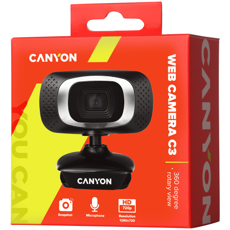 CANYON C3, 720P HD webcam with USB2.0. connector, 360° rotary view scope, 1.0Mega pixels, Resolution 1280*720, viewing angle 60°, cable length 2.0m, Black, 62.2x46.5x57.8mm, 0.074kg [2]
