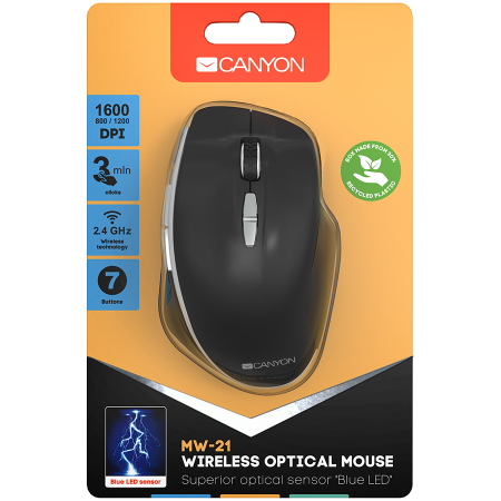 Canyon  2.4 GHz  Wireless mouse ,with 7 buttons, DPI 800/1200/1600, Battery: AAA*2pcs,Black,72*117*41mm, 0.075kg [3]