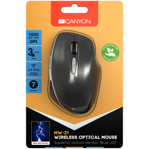 Canyon  2.4 GHz  Wireless mouse ,with 7 buttons, DPI 800/1200/1600, Battery:AAA*2pcs  ,Dark gray72*117*41mm 0.075kg [3]