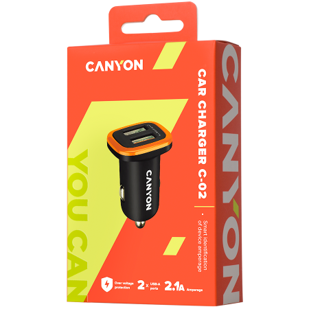 CANYON C-02 Universal 2xUSB car adapter, Input 12V-24V, Output 5V-2.1A, with Smart IC, black rubber coating with orange electroplated ring(without LED backlighting), 51.8*31.2*26.2mm, 0.016kg [2]