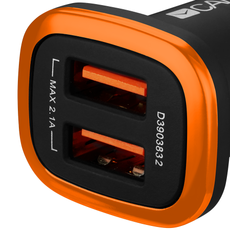 CANYON C-02 Universal 2xUSB car adapter, Input 12V-24V, Output 5V-2.1A, with Smart IC, black rubber coating with orange electroplated ring(without LED backlighting), 51.8*31.2*26.2mm, 0.016kg [3]