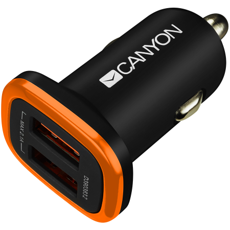 CANYON C-02 Universal 2xUSB car adapter, Input 12V-24V, Output 5V-2.1A, with Smart IC, black rubber coating with orange electroplated ring(without LED backlighting), 51.8*31.2*26.2mm, 0.016kg [0]