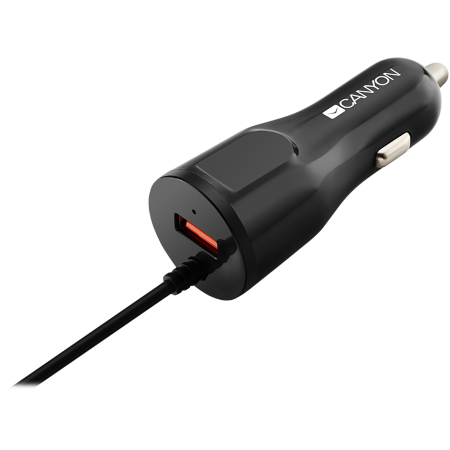 CANYON C-033 Universal 1xUSB car adapter, plus Lightning connector, Input 12V-24V, Output 5V/2.4A(Max), with Smart IC, black glossy, cable length 1.2m, 77*30*30mm, 0.041kg, Russian [1]