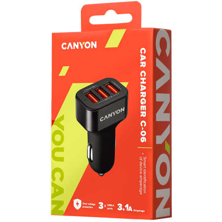 CANYON C-06 Universal 3xUSB car adapter, Input 12V-24V, Output 5V-3.1A, black rubber coating+black metal ring (side with USB is in plastic), 66*35.2*25.1mm, 0.025kg [3]