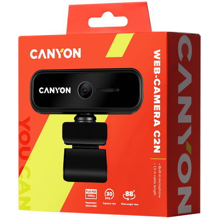 CANYON C2N, 1080P full HD 2.0Mega fixed focus webcam with USB2.0 connector, 360 degree rotary view scope, built in MIC, Resolution 1920*1080, viewing angle 88°, cable length 1.5m, 90*60*55mm, 0.095kg, [3]