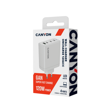 CANYON charger OnCharge 120 GAN Total 120W MAX 3 USB-C +1 USB-A White EU plug [6]