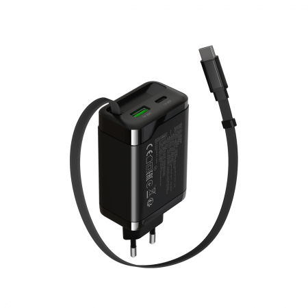 CANYON charger OnCharge 65RC Build-In Cable USB-C 65W 1xPD 1xQC EU Black [1]