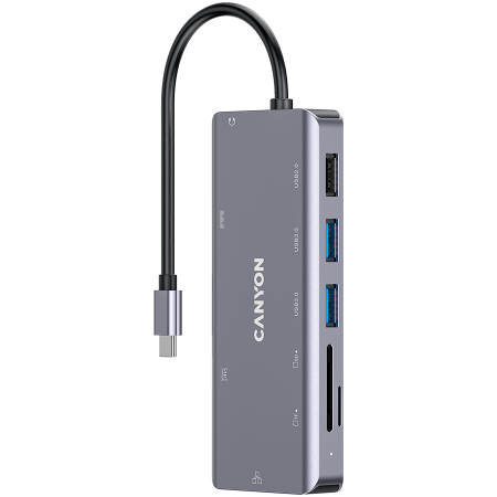 CANYON DS-11, 9 in 1 USB C hub, with 1*HDMI: 4K*30Hz,1*Gigabit Ethernet,, 1*Type-C PD charging port, Max 100W PD input. 2*USB3.0,transfer speed up to 5Gbps. 1*USB 2.0, 1*SD, 1*3.5mm audio jack, cable  [0]